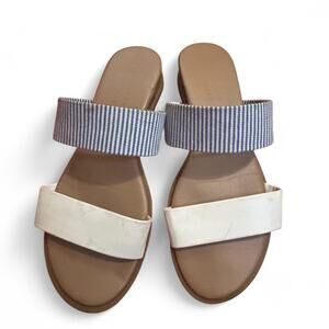 White and blue striped leather